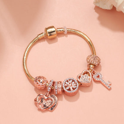 Crystal-studded Hollow Heart Key Tree of Life Bracelet(rose gold,19cm)