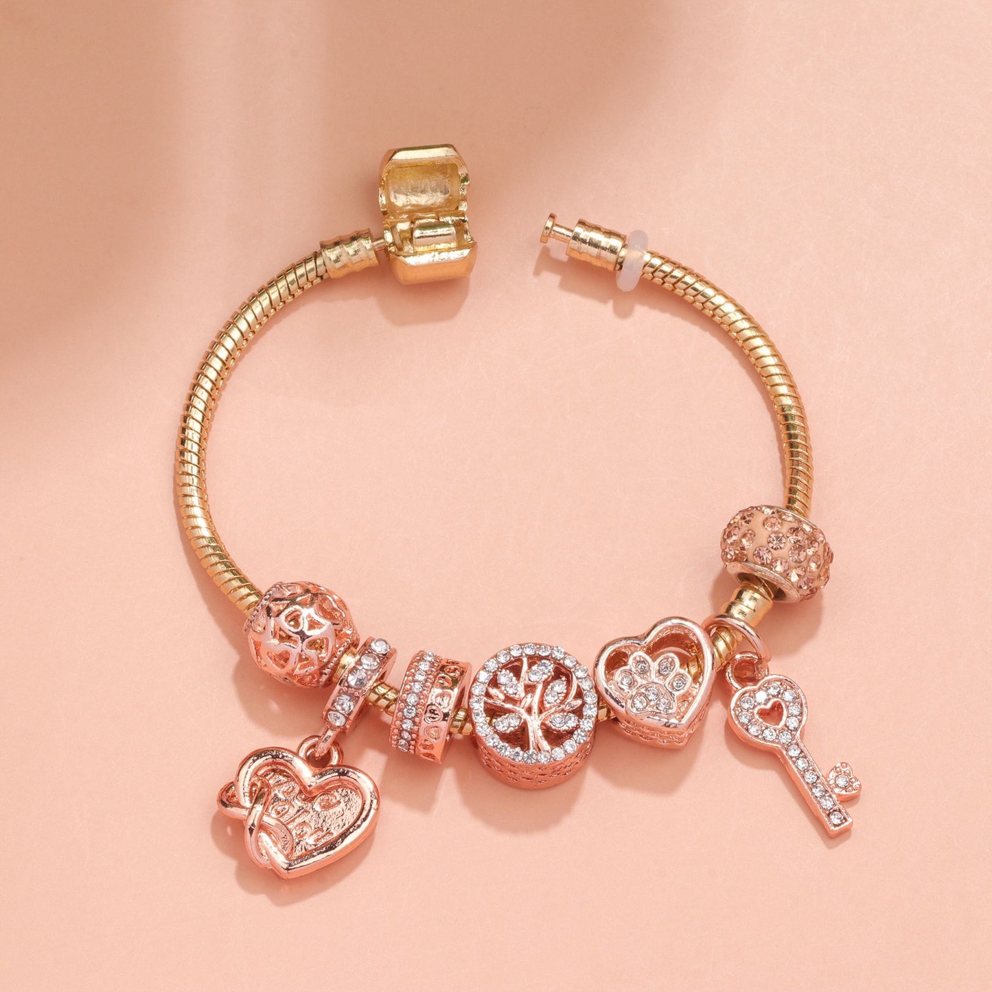 Crystal-studded Hollow Heart Key Tree of Life Bracelet(rose gold,20cm)