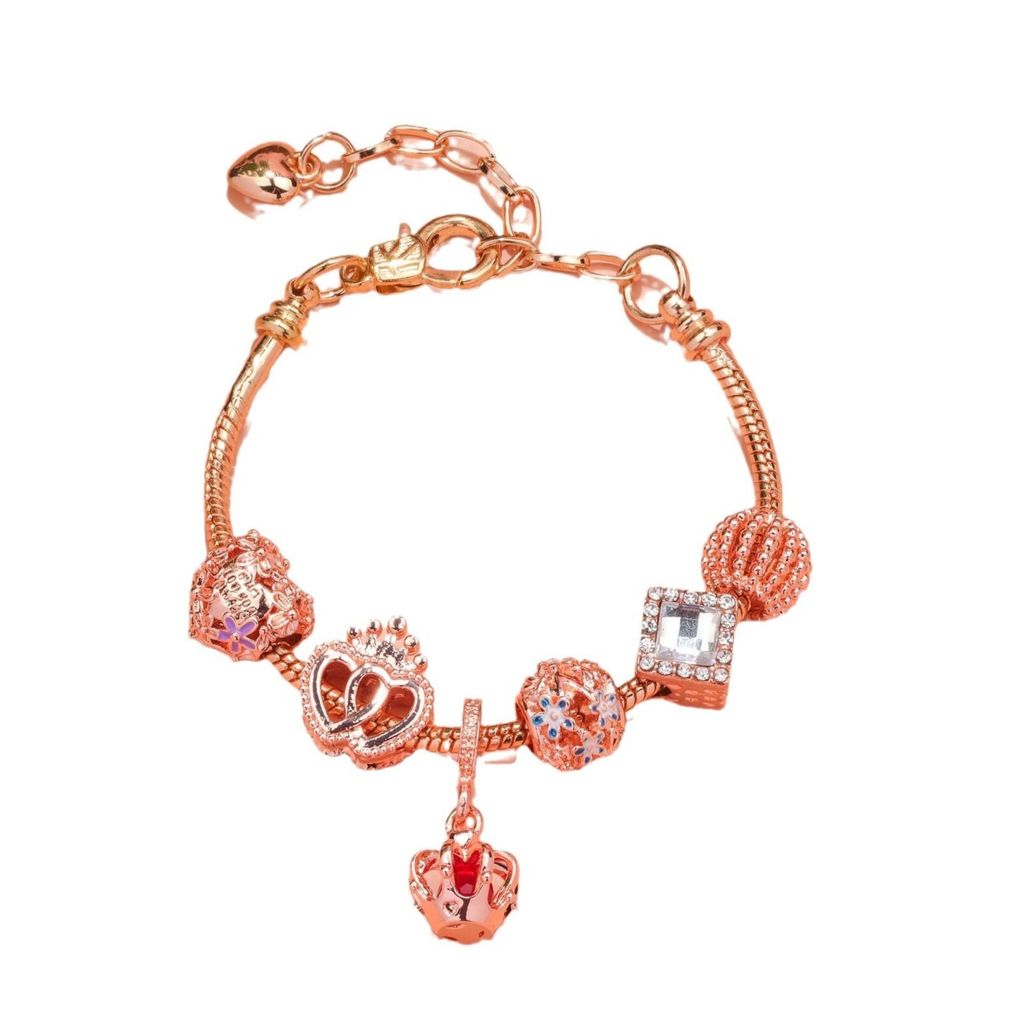 Hollow-out Rhinestone Heart Flower Charm Bracelet(rose gold,17cm)