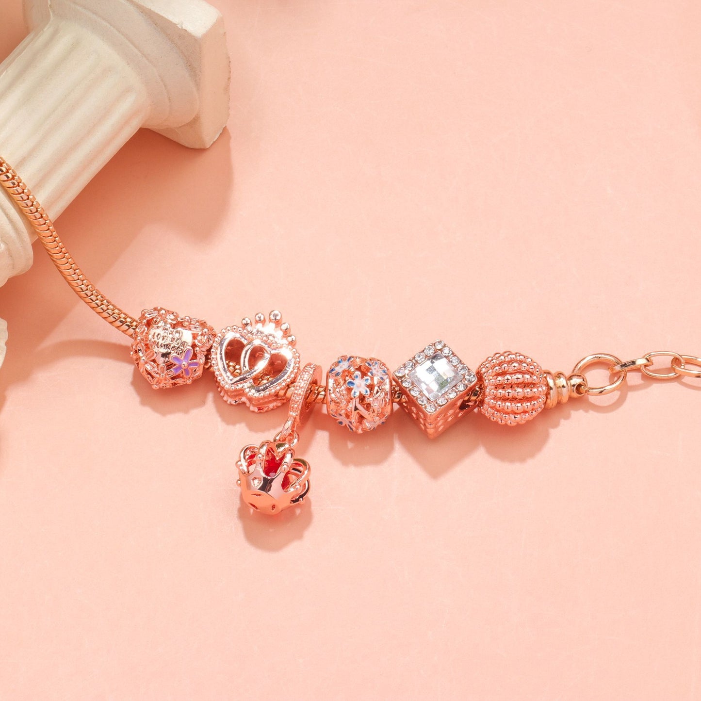 Hollow-out Rhinestone Heart Flower Charm Bracelet(rose gold,18cm)