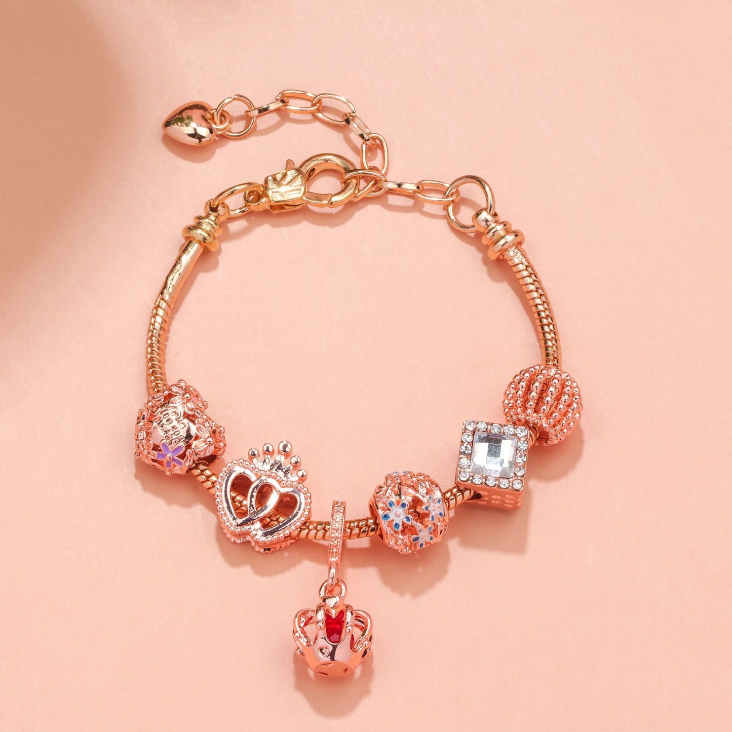 Hollow-out Rhinestone Heart Flower Charm Bracelet(rose gold,18cm)