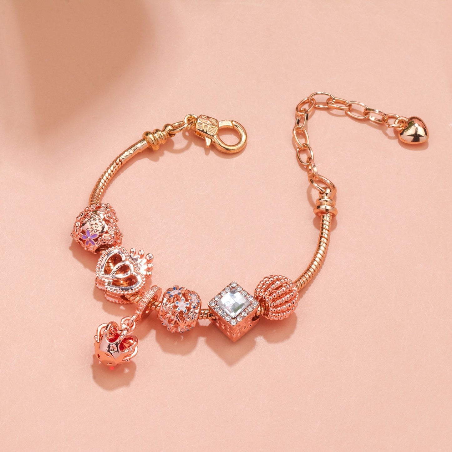 Hollow-out Rhinestone Heart Flower Charm Bracelet(rose gold,19cm)