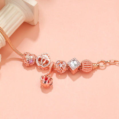 Hollow-out Rhinestone Heart Flower Charm Bracelet(rose gold,20cm)