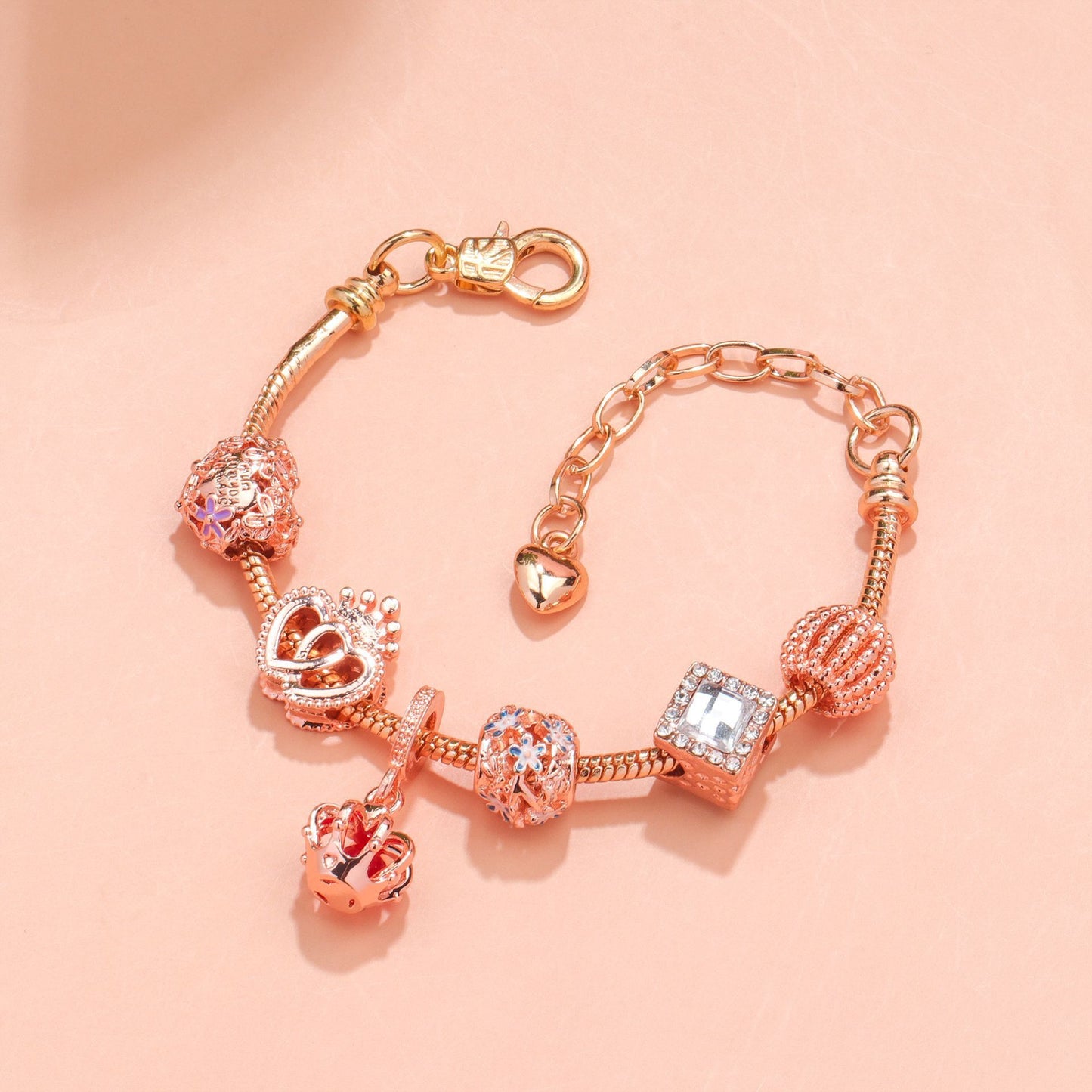 Hollow-out Rhinestone Heart Flower Charm Bracelet(rose gold,20cm)