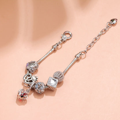 Hollow-out Rhinestone Heart Flower Charm Bracelet(Silver,16cm)