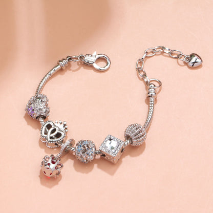 Hollow-out Rhinestone Heart Flower Charm Bracelet(Silver,19cm)
