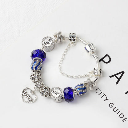 Romantic Love Heart Pendant Bracelet with Rhinestones, Glass Beads(19cm)