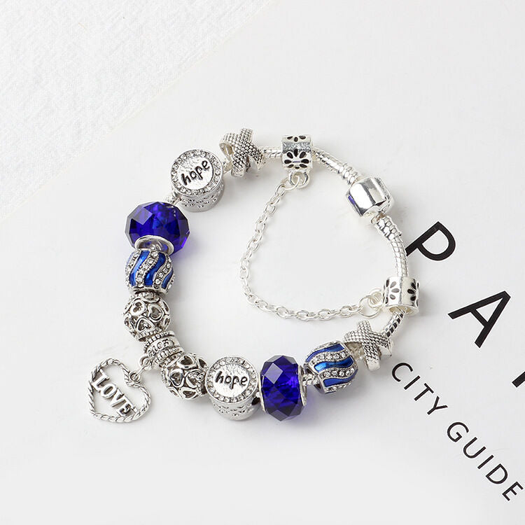 Romantic Love Heart Pendant Bracelet with Rhinestones, Glass Beads(20cm)