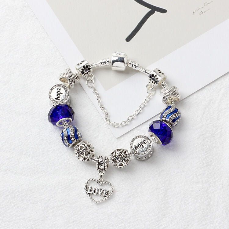 Romantic Love Heart Pendant Bracelet with Rhinestones, Glass Beads(21cm)