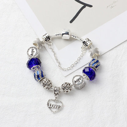 Romantic Love Heart Pendant Bracelet with Rhinestones, Glass Beads(21cm)