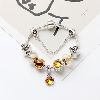 Yellow Zircon Heart Glass Beaded Bracelet with Rhinestones(18cm)