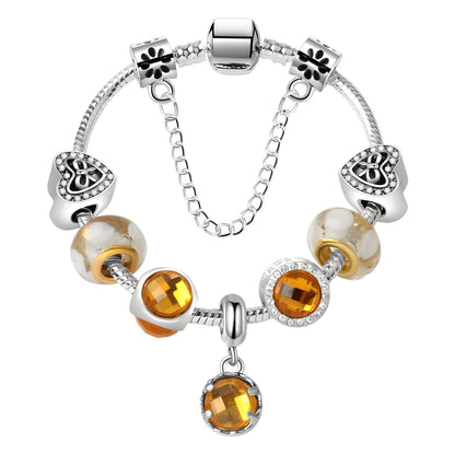 Yellow Zircon Heart Glass Beaded Bracelet with Rhinestones(21cm)