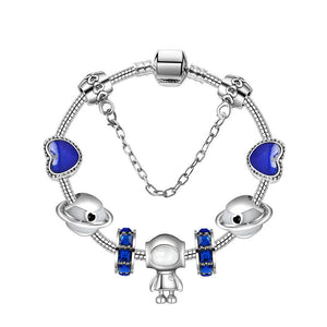 Sci-Fi Universe Spaceship Robot Blue Heart Beaded Bracelet with Rhinestones(18cm)