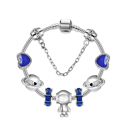 Sci-Fi Universe Spaceship Robot Blue Heart Beaded Bracelet with Rhinestones(18cm)
