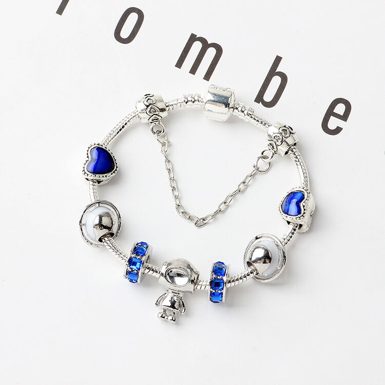 Sci-Fi Universe Spaceship Robot Blue Heart Beaded Bracelet with Rhinestones(18cm)