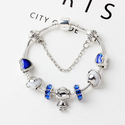 Sci-Fi Universe Spaceship Robot Blue Heart Beaded Bracelet with Rhinestones(19cm)