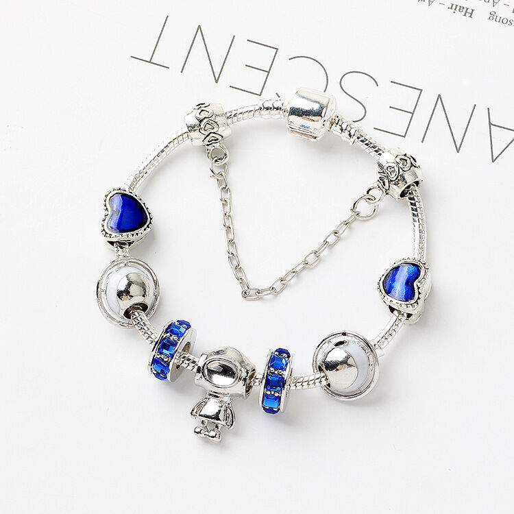 Sci-Fi Universe Spaceship Robot Blue Heart Beaded Bracelet with Rhinestones(19cm)