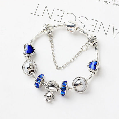 Sci-Fi Universe Spaceship Robot Blue Heart Beaded Bracelet with Rhinestones(19cm)