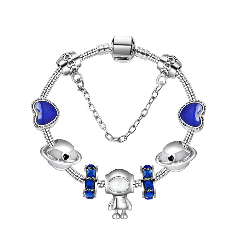 Sci-Fi Universe Spaceship Robot Blue Heart Beaded Bracelet with Rhinestones(20cm)