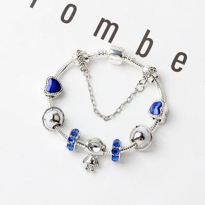 Sci-Fi Universe Spaceship Robot Blue Heart Beaded Bracelet with Rhinestones(20cm)