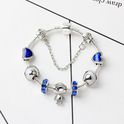 Sci-Fi Universe Spaceship Robot Blue Heart Beaded Bracelet with Rhinestones(20cm)