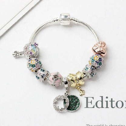 Rhinestone Inlaid Pastoral Style Butterfly Wreath Clover Pendant Bracelet(18cm)