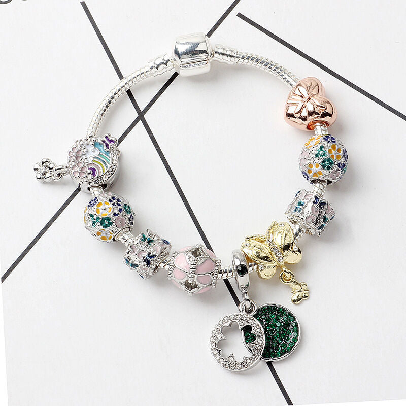 Rhinestone Inlaid Pastoral Style Butterfly Wreath Clover Pendant Bracelet(20cm)