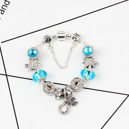 Charm Bracelet with Tortoise, Heart, Clover Pendant(Blue,18cm)