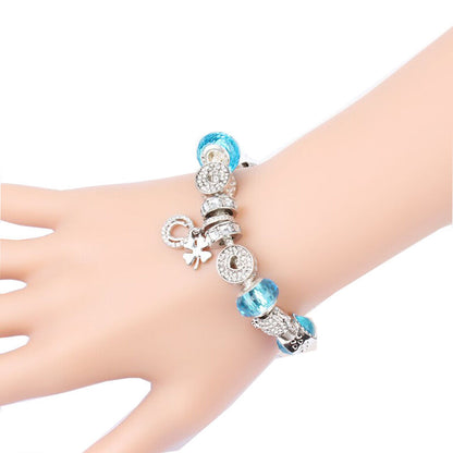 Charm Bracelet with Tortoise, Heart, Clover Pendant(Blue,19cm)