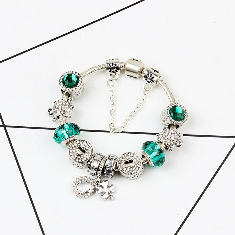 Charm Bracelet with Tortoise, Heart, Clover Pendant(Green,20cm)