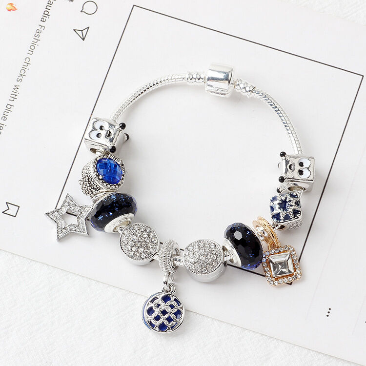 Sparkling Charm Bracelet with Smiley, Crystal, Rhinestone Beads & Hollow Star Zircon Pendants(18cm)