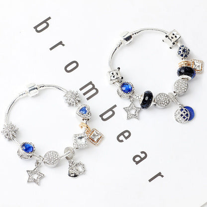 Sparkling Charm Bracelet with Smiley, Crystal, Rhinestone Beads & Hollow Star Zircon Pendants(17cm)
