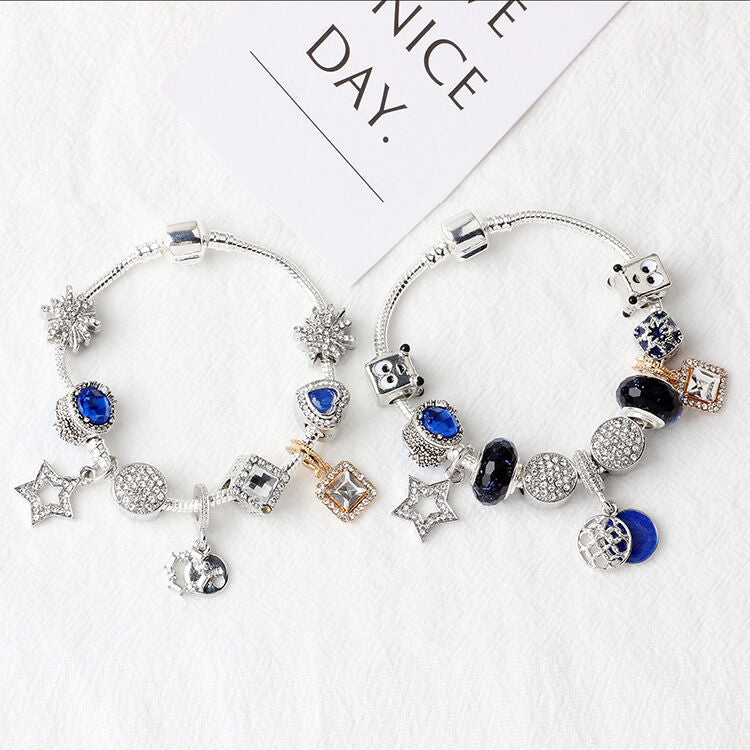 Sparkling Charm Bracelet with Smiley, Crystal, Rhinestone Beads & Hollow Star Zircon Pendants(17cm)