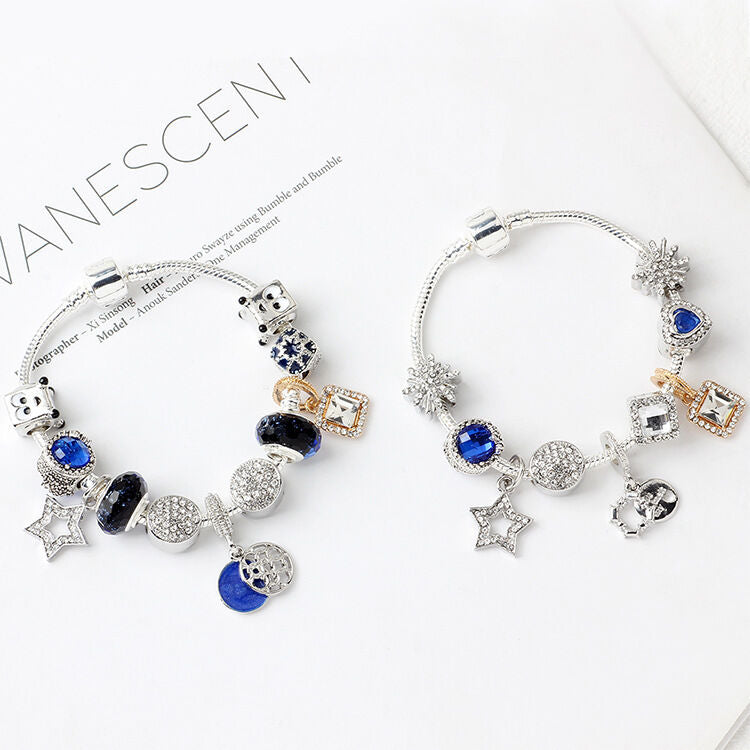 Sparkling Charm Bracelet with Smiley, Crystal, Rhinestone Beads & Hollow Star Zircon Pendants(17cm)
