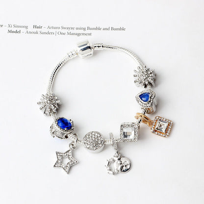 Fashion Charm Bracelet with Snowflake, Crystal, Rhinestone Beads & Hollow Star Zircon Pendant(18cm)