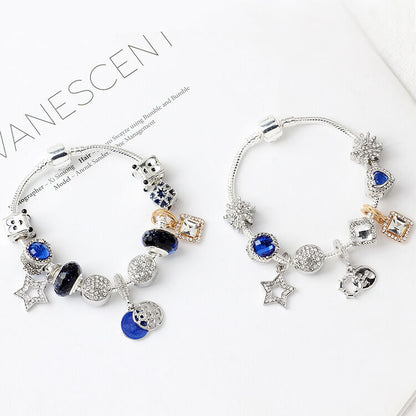 Fashion Charm Bracelet with Snowflake, Crystal, Rhinestone Beads & Hollow Star Zircon Pendant(19cm)
