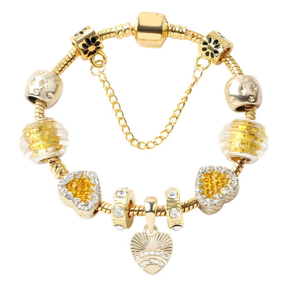 Golden Rhinestone Heart Charm Beaded Snake Chain Bracelet(18cm)