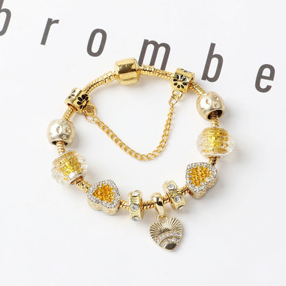 Golden Rhinestone Heart Charm Beaded Snake Chain Bracelet(18cm)