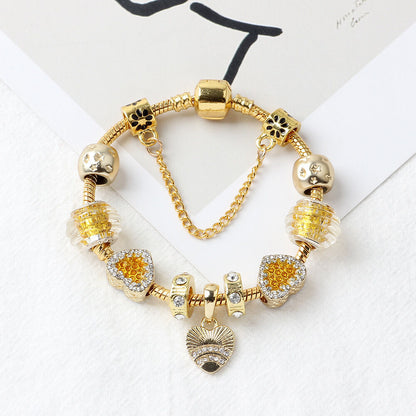 Golden Rhinestone Heart Charm Beaded Snake Chain Bracelet(18cm)