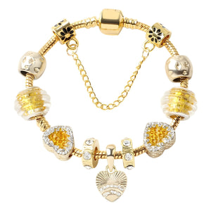 Golden Rhinestone Heart Charm Beaded Snake Chain Bracelet(19cm)