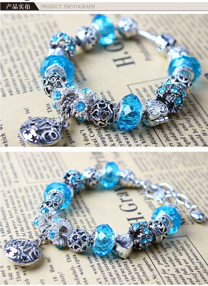 Vintage Crystal Zircon Beaded Bracelet with Hollow LOVE Alloy Pendant, Adjustable Snake Chain Bracelet(18cm+5cm)