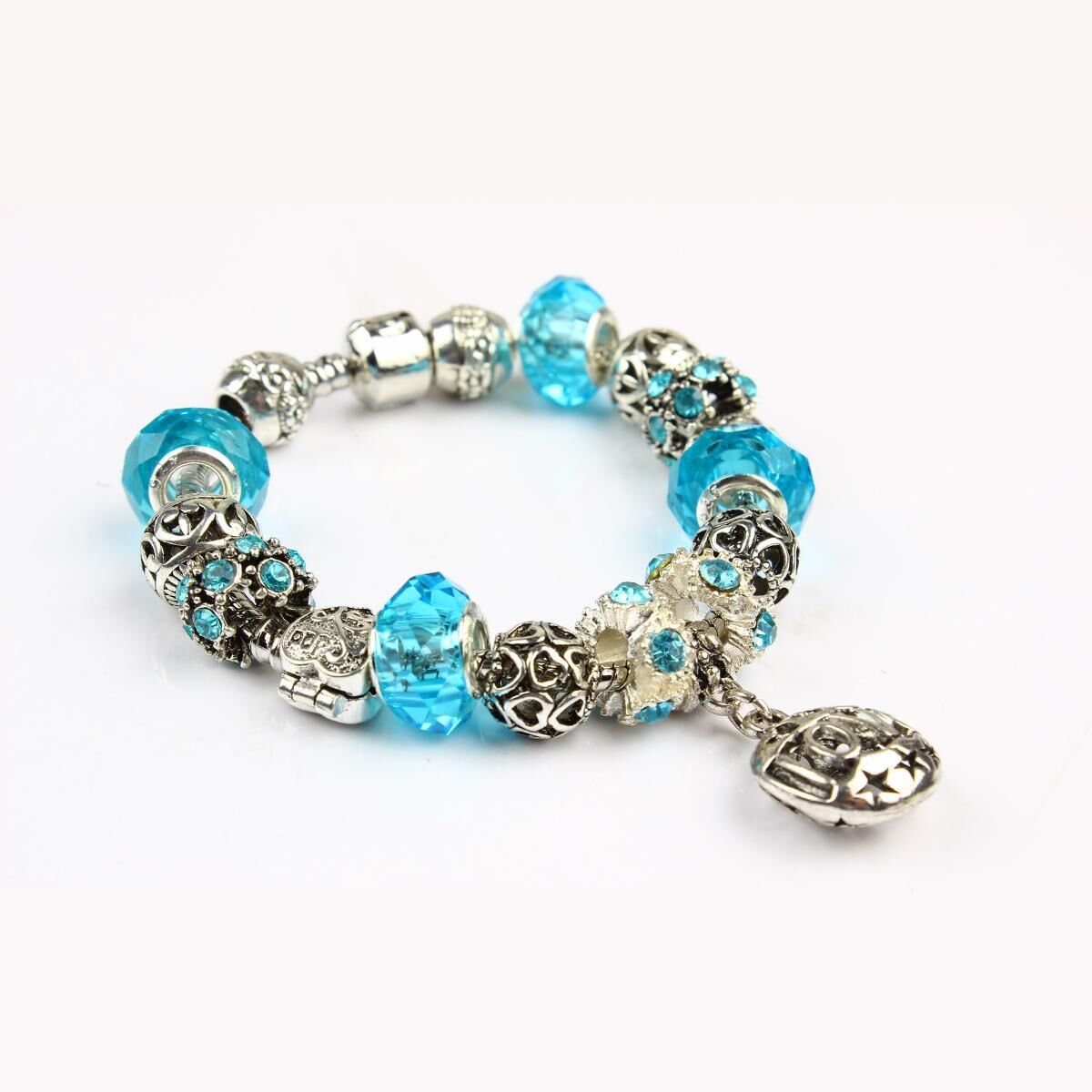 Vintage Crystal Zircon Beaded Bracelet with Hollow LOVE Alloy Pendant, Adjustable Snake Chain Bracelet(20cm+5cm)