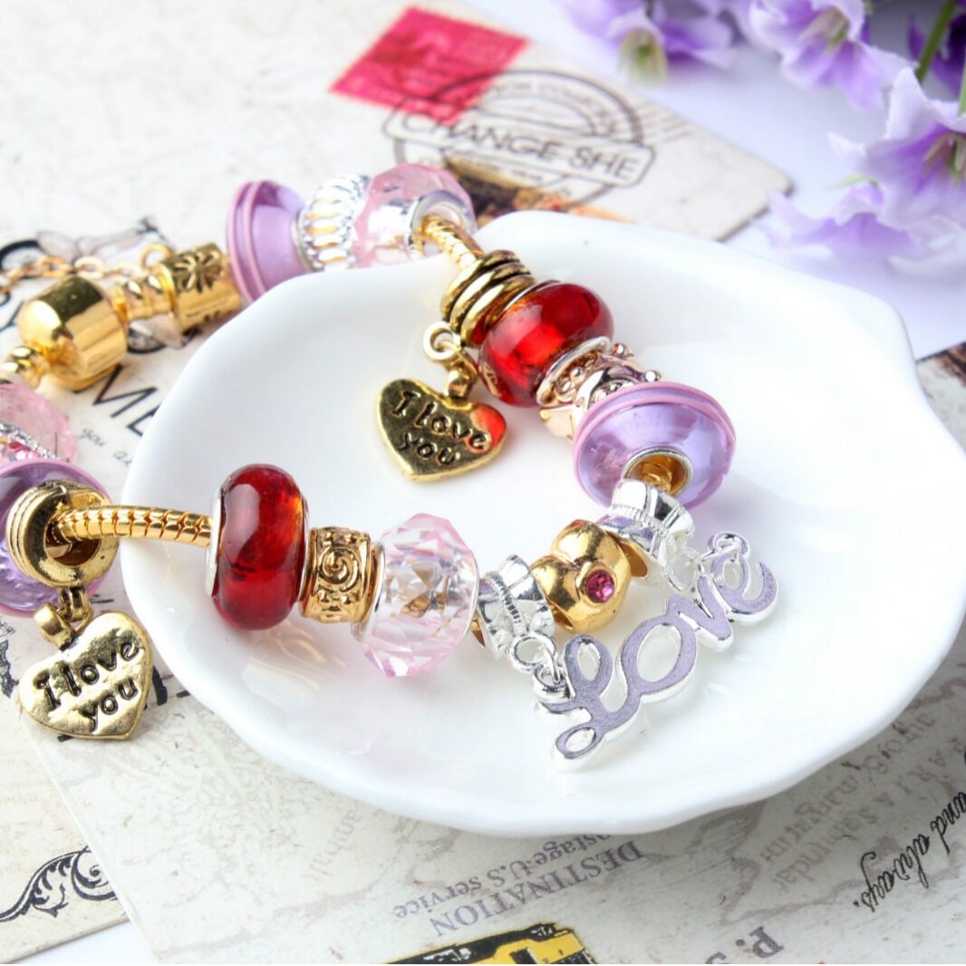 Love-Themed Beaded Bracelet with Crystal & Letter Pendant(18cm)