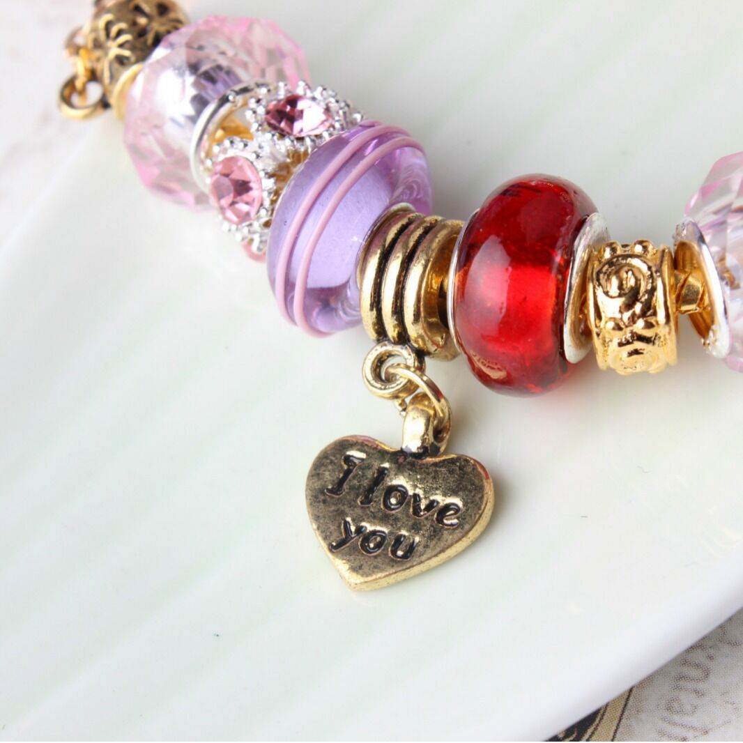 Love-Themed Beaded Bracelet with Crystal & Letter Pendant(19cm)