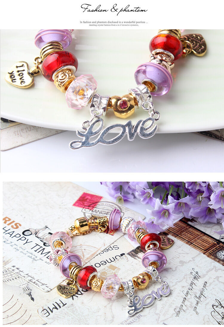 Love-Themed Beaded Bracelet with Crystal & Letter Pendant(20cm)