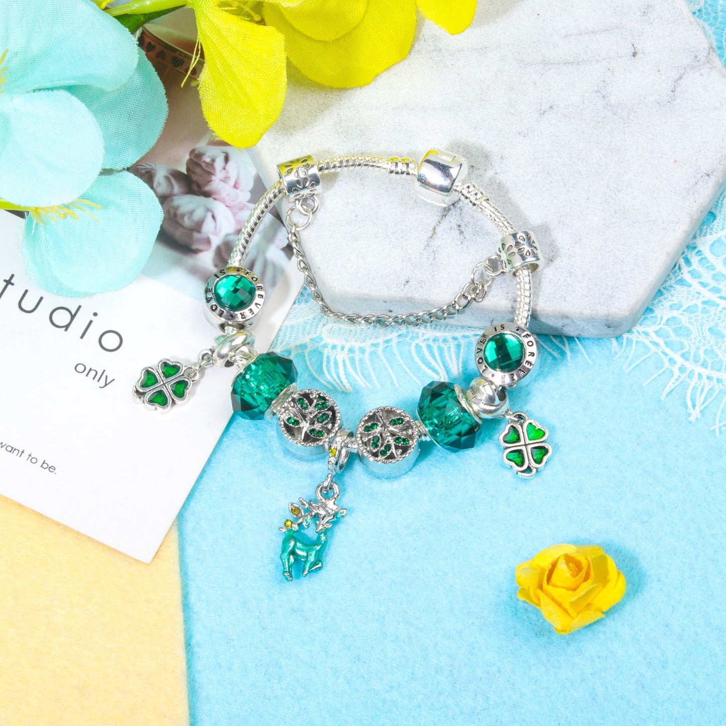 Colorful Cat Eye Glass Bead Clover Pendant Bracelet(17cm)