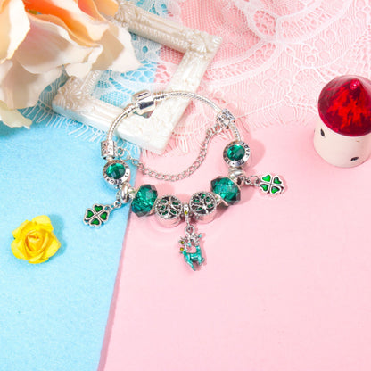Colorful Cat Eye Glass Bead Clover Pendant Bracelet(18cm)