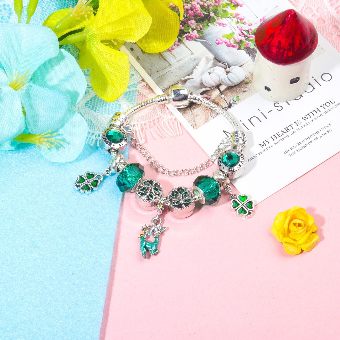 Colorful Cat Eye Glass Bead Clover Pendant Bracelet(18cm)