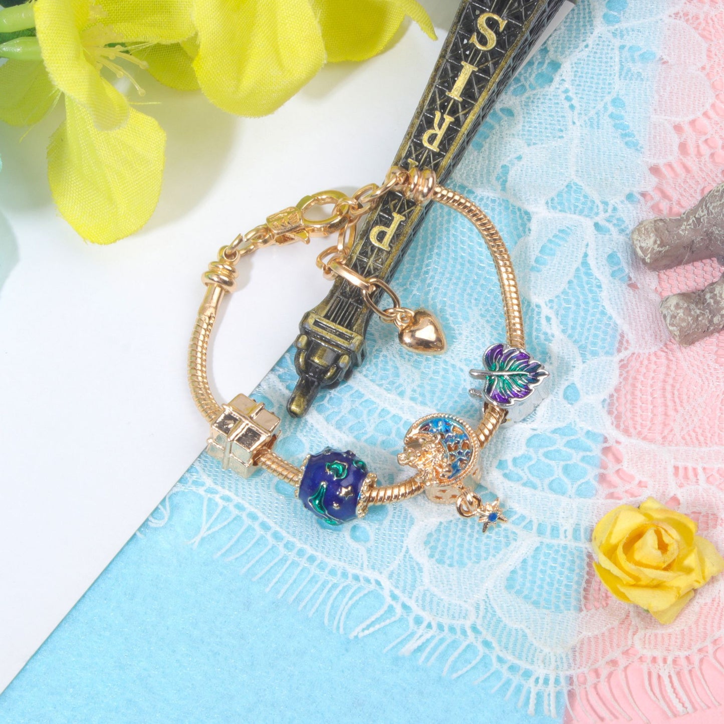 Colorful Leaf Moon Star Pendant Versatile Gold Bracelet(17cm)