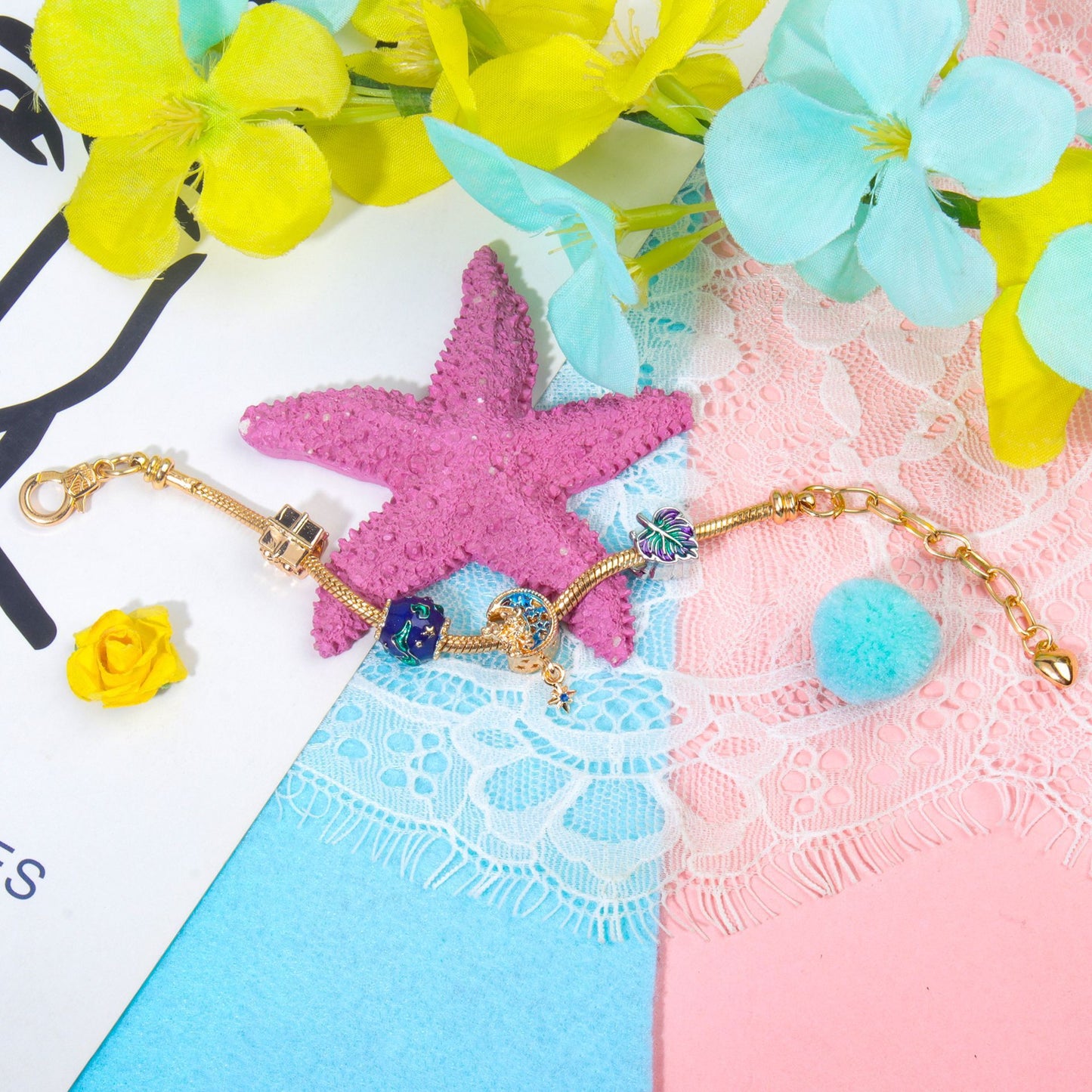 Colorful Leaf Moon Star Pendant Versatile Gold Bracelet(18cm)